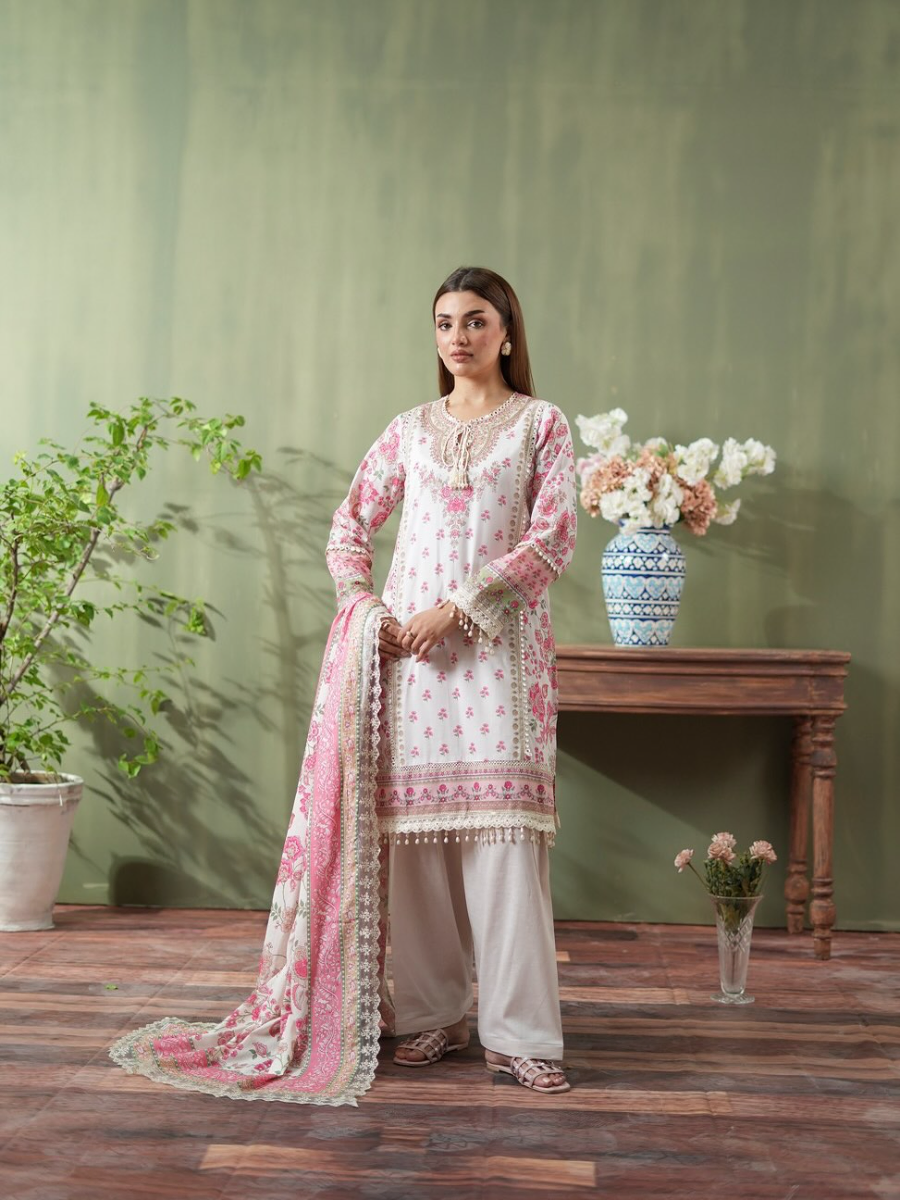 Original Pakistani Mausummery Premium Lawn Stitched 3Pcs _ Beige